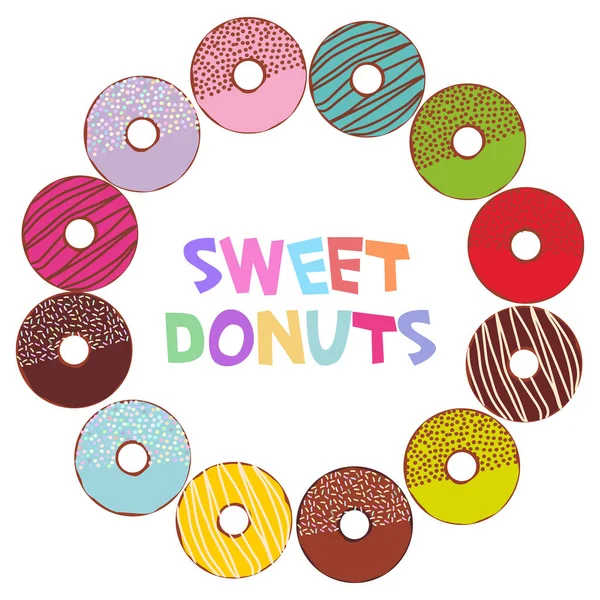 甜甜甜圈设置与糖霜和洒隔离 柔和的颜色在白色背景圆形框架上的文本 向量例证 — 图库矢量图片