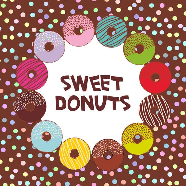 甜蜜的甜甜圈设置与糖霜和洒 棕色的背景 柔和的颜色波尔卡点背景圆形框架的文本 向量例证 — 图库矢量图片