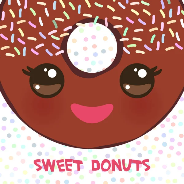 Kawaii Красочные Пончики Розовыми Щеками Подмигивающие Глаза Сладкий Коричневый Пончик — стоковый вектор
