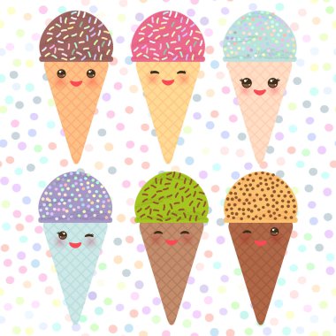 Kart tasarımı Kawaii nane kivi ahududu yaban mersini çikolatalı dondurma waffle koni komik namlu pembe yanaklar ve kırpışan gözleri, pastel renkler polka dot arka plan ile. Vektör çizim