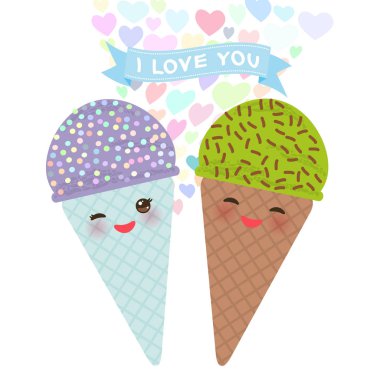 Kart tasarımı Kawaii buz krem gözleme koni komik namlu pembe yanakları ile seni seviyorum ve göz kırptı, pastel renkler beyaz arka plan üzerinde. Vektör çizim