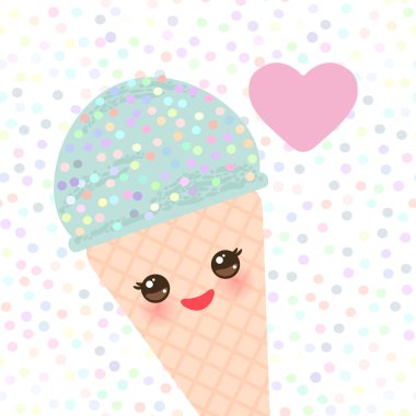 Kawaii buz krem gözleme koni komik namlu pembe yanaklar ve kırpışan gözlü, beyaz puantiyeli arka plan üzerinde pastel renkler ile kart tasarımı. Vektör çizim