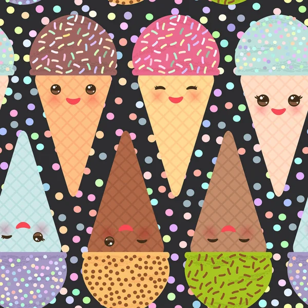 无缝的模式与三个 Kuaii 薄荷覆盆子巧克力冰淇淋华夫饼锥有趣的枪口与粉红色的脸颊和眨眼的眼睛 柔和的颜色黑色波尔卡点黑色背景 向量例证 — 图库矢量图片