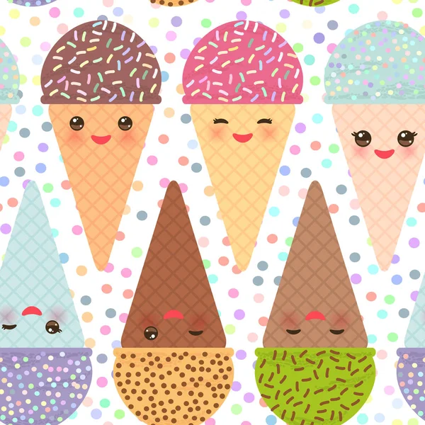 Vzor Bezešvé Třemi Kawaii Máta Malinovým Čokoládové Zmrzliny Vafle Kužel — Stockový vektor