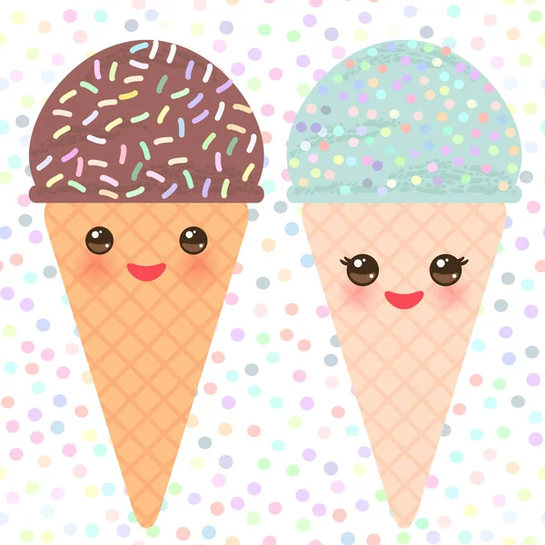 Design Cartão Com Chocolate Hortelã Kawaii Ice Cream Waffle Cone — Vetor de Stock