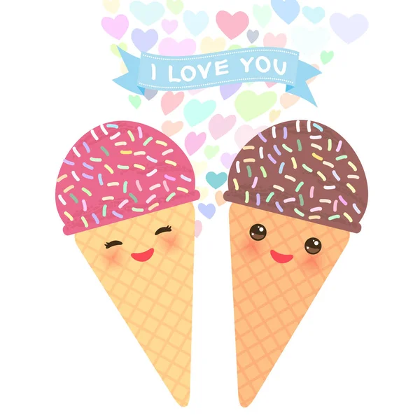 Amo Diseño Tarjetas Con Kawaii Helado Gofre Cono Bozal Divertido — Vector de stock