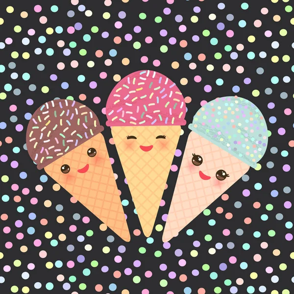 卡设计与三个川井薄荷覆盆子巧克力冰淇淋华夫饼锥有趣的枪口粉红色的脸颊和眨眼的眼睛 柔和的颜色波尔卡点黑色的背景 向量例证 — 图库矢量图片