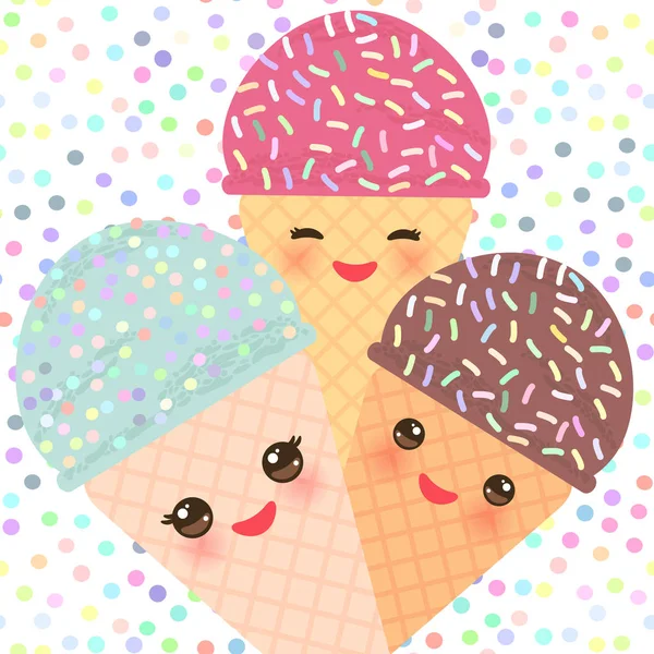 Kart Tasarımı Kawaii Nane Ahududulu Çikolatalı Dondurma Waffle Koni Komik — Stok Vektör