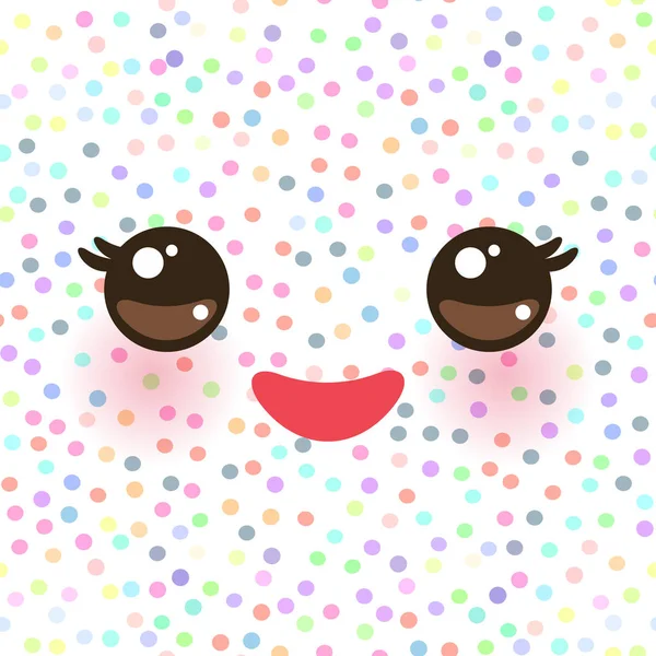 Kawaii Funny Muzzle Pink Cheeks Eyes White Polka Dot Background — Stock Vector