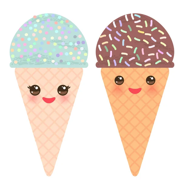 Ice Cream Waffle Kúp Kawaii Vicces Pofa Rózsaszín Arca Hunyorítva — Stock Vector