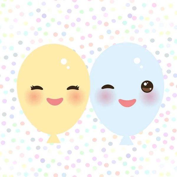 Kawaii Funny Balloons Yellow Blue Pink Cheeks Eyes White Polka — Stock Vector
