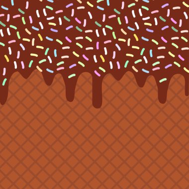 akan ile Çikolatalı gofret çikolata sosu ve sprinkles arka plan metni. Tatlı doku. Vektör çizim