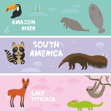 Cute animals set anteater manatee sea cow sloth toucan chameleon raccoon Maned wolf, kids background, South America animals Lake Titicaca, Amazon River bright colorful banner. Vector illustration clipart