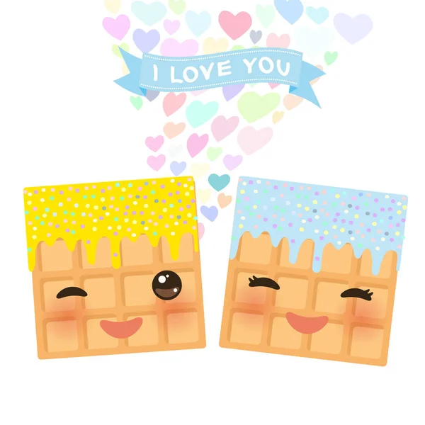 Amo Diseño Tarjetas Con Corazones Kawaii Bélgica Gofres Con Mejillas — Vector de stock