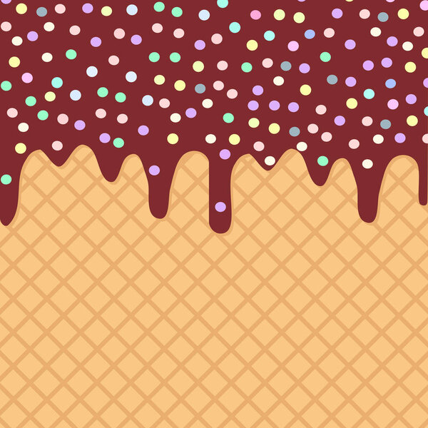 waffles with flowing chocolate sauce and sprinkles background for your text. Sweet texture golden crust dough. Vector illustration