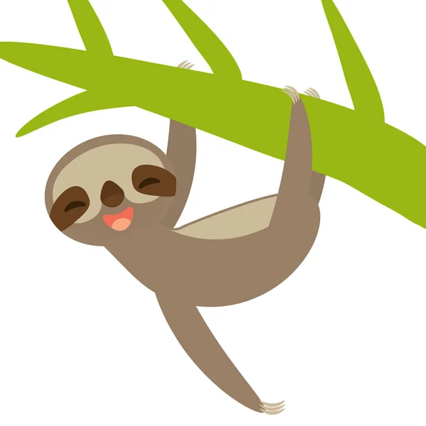 Funny Cute Smiling Three Toed Sloth Green Branch Isolated White — Stock Vector