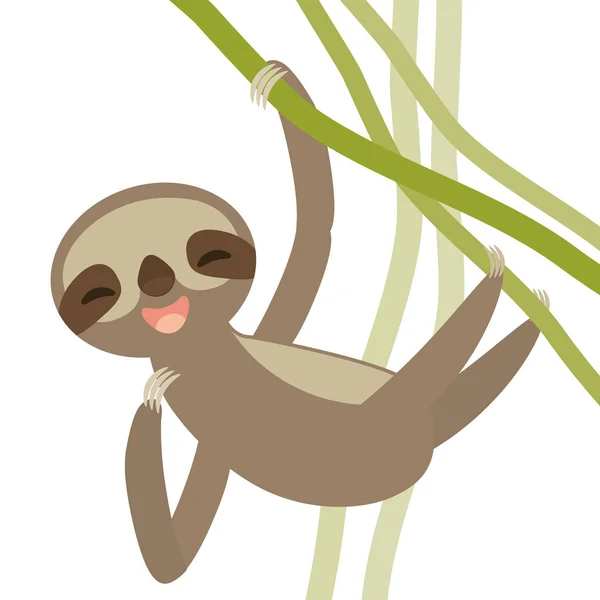 Funny Cute Smiling Three Toed Sloth Green Branch Isolated White — Stock Vector