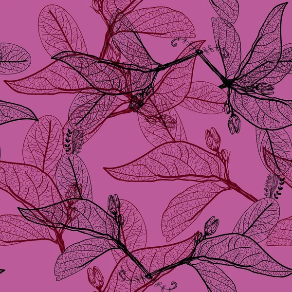 Leaves Black Contours Dark Magenta Purple Violet Background Floral Seamless — Stock Vector