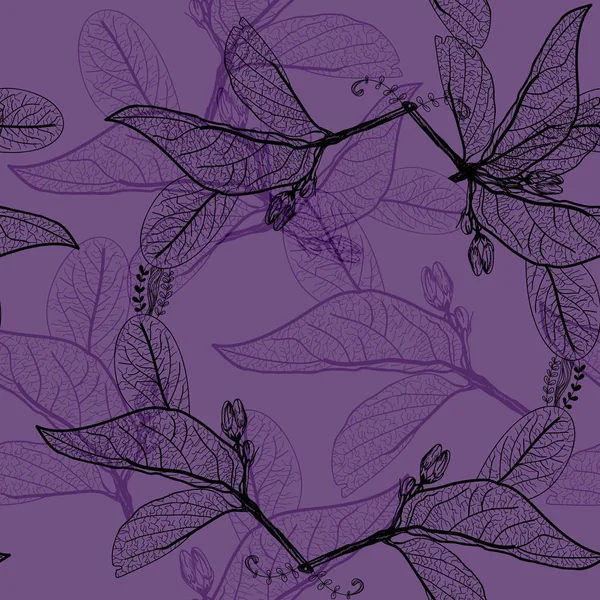 Leaves Black Contours Dark Purple Violet Background Floral Seamless Pattern — Stock Vector