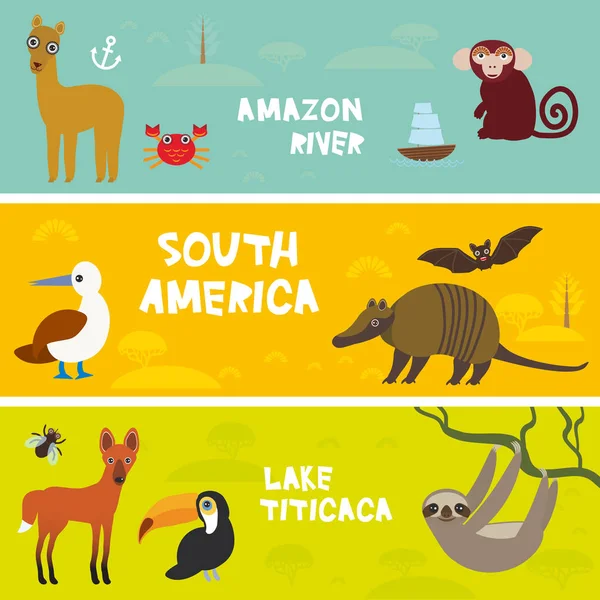 Animales Lindos Conjunto Oso Hormiguero Manatí Vaca Marina Perezoso Guacamayo — Vector de stock