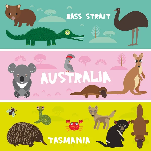 可爱的动物设置 埃奇多娜考拉普拉提普斯鸵鸟埃穆塔斯马尼亚魔鬼鹦鹉蛇鳄鱼袋鼠野狗儿童背景澳大利亚 塔斯马尼亚低音海峡明亮多彩的横幅 向量例证 — 图库矢量图片