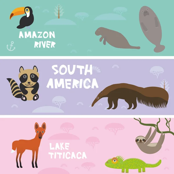 Cute Animals Set Anteater Manatee Sea Cow Sloth Toucan Camaleão —  Vetores de Stock