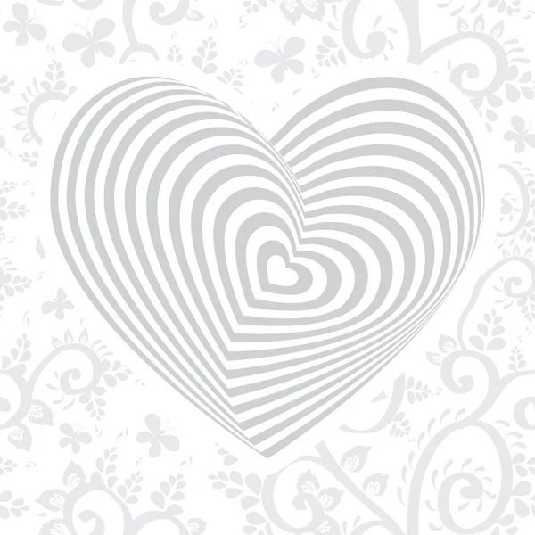 Corazón Blanco Gris Plateado Sobre Fondo Ornamento Floral Ilusión Óptica — Vector de stock