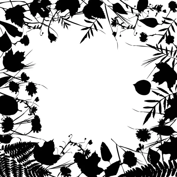 花方块花的花环 自然设计与叶和花元素 春季夏季为请柬 婚礼或贺卡设计 黑色剪影 白色背景 向量例证 — 图库矢量图片