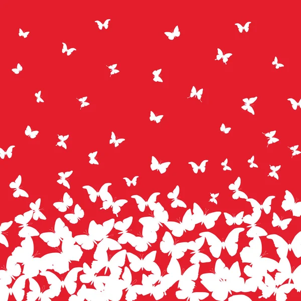 Bahar Yaz Kart Tasarımı Afiş Beyaz Kelebek Kırmızı Zemin Üzerine — Stok Vektör
