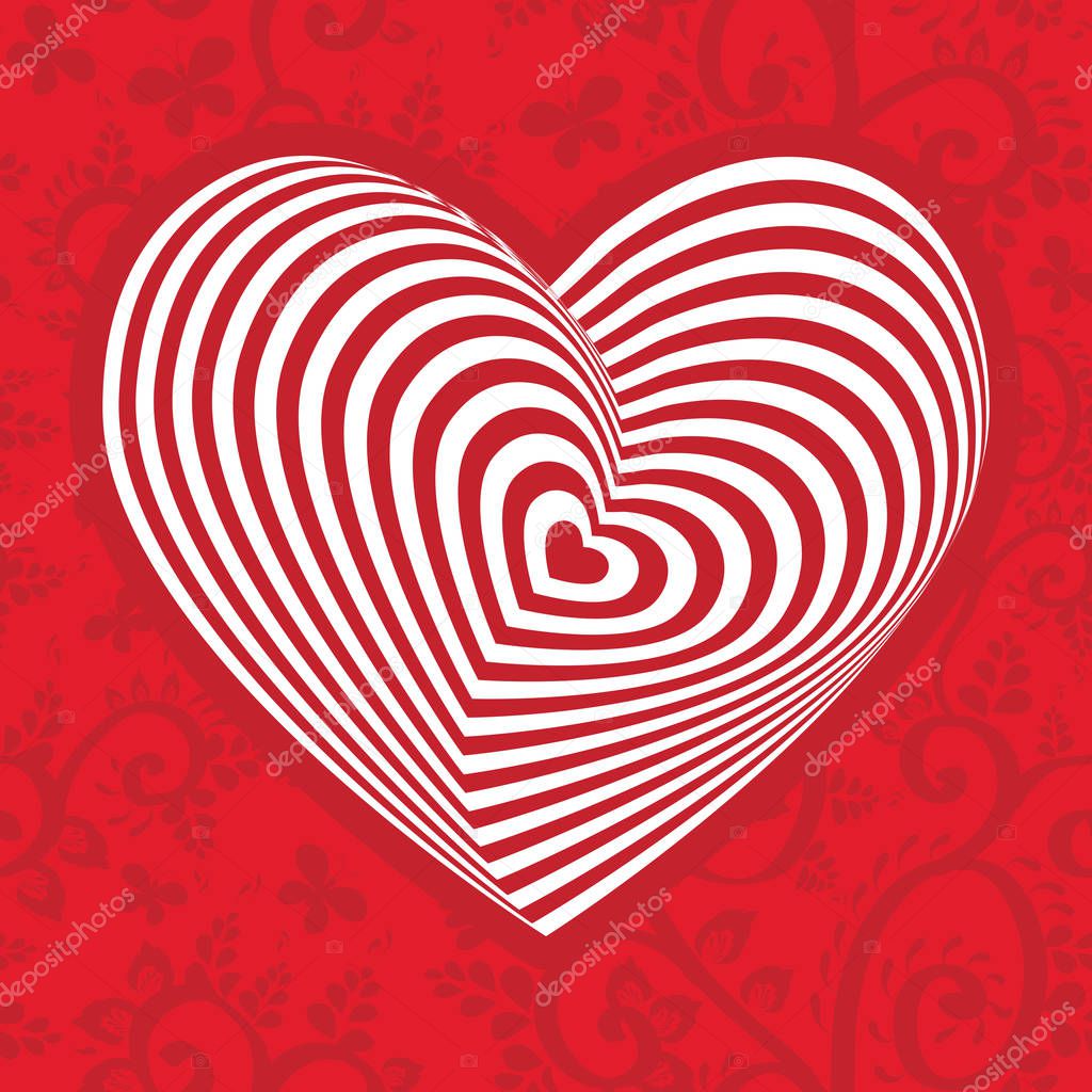 red heart on Dark red brown floral ornament background. Optical illusion of 3D three-dimensional volume. Vector illustration