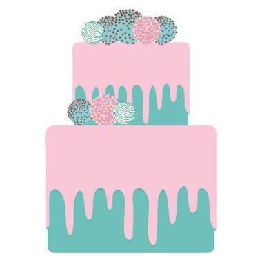  Doğum günü, düğün, nişan günü. Tatlı turkuaz gök mavisi pastası, çilekli pembe krem çikolata Icing çikolata, kek kalp, pastel renkler beyaz zemin üzerine çıkar. Vektör çizim