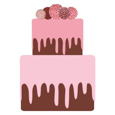  Doğum günü, düğün, nişan günü. Tatlı kek, çilek pembe krem çikolata Icing çikolata, kek çıkar, beyaz arka plan üzerinde pastel renkler. Vektör çizim