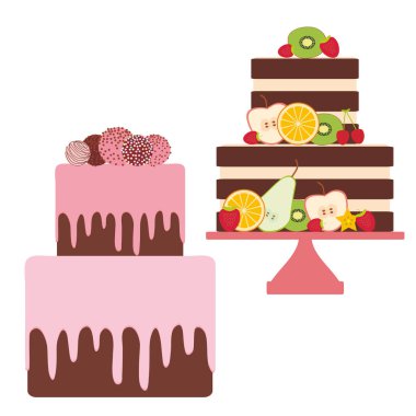Doğum günü, düğün, nişan günü. Set pastası, çilekli pembe krem çikolata parçacıklı, pasta çıkar, taze meyve çilek, beyaz arka plan üzerinde pastel renkler ile dekore kek. Vektör çizim