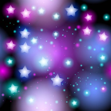 Neon yıldız parlak pembe ve Lila, mavi siyah arka plan ile soyut yıldızlı seamless modeli. Galaxy gece gökyüzünde yıldızlar ile. Vektör çizim