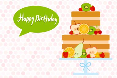 Tatlı kek taze meyve ve çilek, beyaz puantiyeli arka plan üzerinde pastel renkler ile dekore edilmiştir. Kek standı. Kart tasarımı - Doğum günü, Sevgililer günü, düğün, nişan. Vektör çizim