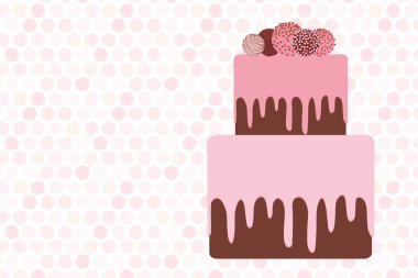 tebrik kartı şablonu, Doğum günü, düğün, nişan günü. Tatlı kek, çilek pembe krem çikolata Icing çikolata, kek çıkar, beyaz pembe polka dot arka plan üzerinde pastel renkler. Vektör çizim