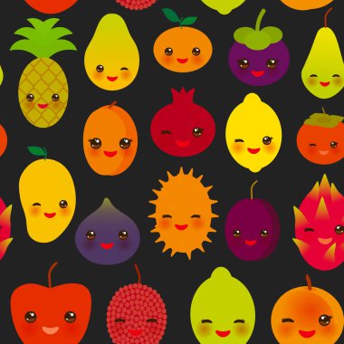 seamless modeli şirin kawaii meyve armut Mangosteen mandalina ananas papaya Trabzon hurması Nar Kireç kayısı Erik dragon meyve incir mango şeftali limon lychee elma kiwano siyah arka plan. Vektör çizim