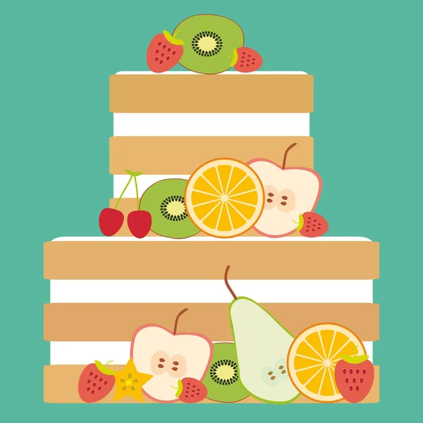 甜蛋糕装饰着新鲜的水果和浆果 在绿松石蓝色的背景柔和的颜色 卡片设计 情人节 向量例证 — 图库矢量图片