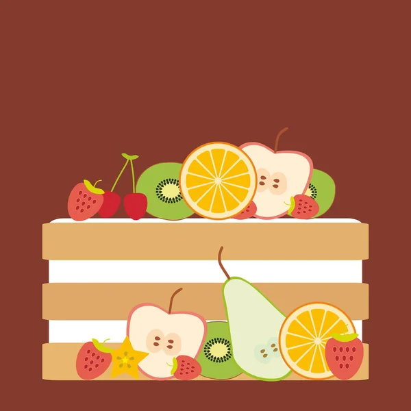 以新鲜水果和浆果装饰的甜蛋糕 棕色背景上的柔和颜色 卡片设计 情人节 向量例证 — 图库矢量图片