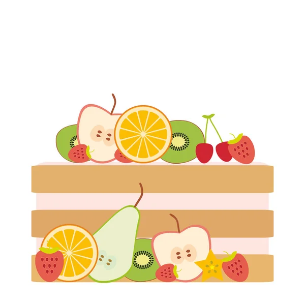 甜蛋糕装饰着新鲜的水果和浆果 白色背景上柔和的颜色 卡片设计 情人节 向量例证 — 图库矢量图片