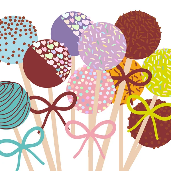 Bunte Süße Cake Pops Set Mit Schleife Isoliert Auf Weißem — Stockvektor