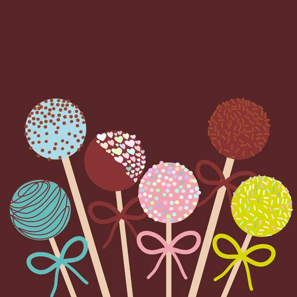 Colorful Sweet Cake Pops Set Bow Dark Brown Background Vector — Wektor stockowy
