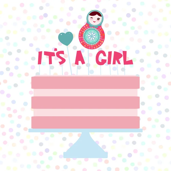 它是一个女孩 甜粉色蛋糕 草莓粉红色奶油 马特里什卡 婴儿淋浴横幅设计 卡片模板 柔和的颜色在白色波尔卡点背景 向量例证 — 图库矢量图片