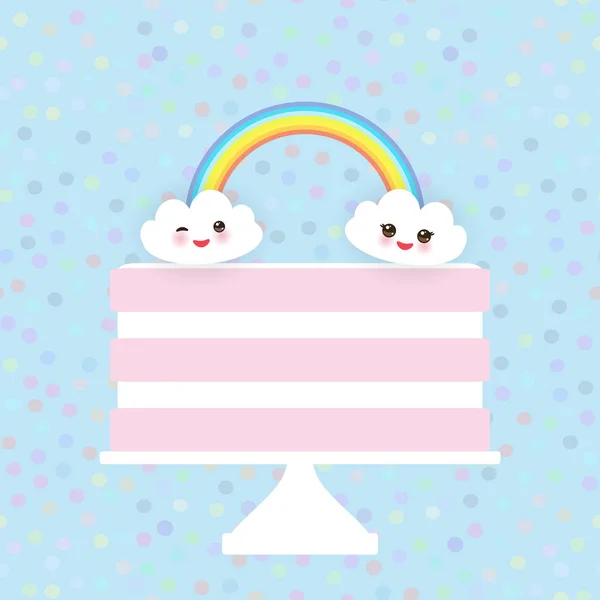 Kawaii Happy Birthday Sweet strawberry pink cake, white cream, clouds, rainbow, banner design, card template, pastel colors on sky blue polka dot background. Vector illustration