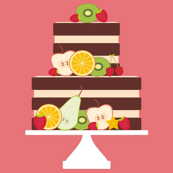 浅粉色甜蛋糕 装饰有新鲜的水果和浆果 柔和的颜色在粉红色的背景 卡片设计 情人节 向量例证 — 图库矢量图片