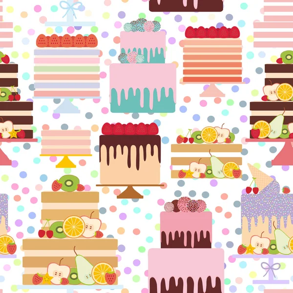 Seamless Pattern Birthday Valentine Day Wedding Engagement Set Sweet Cake — Stock Vector