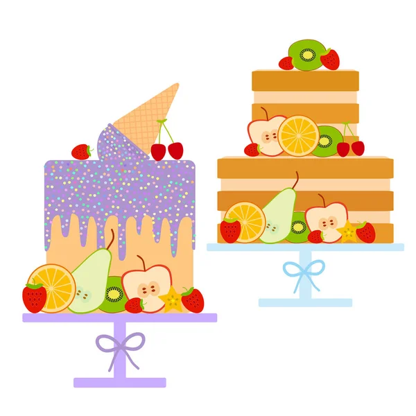 用新鲜水果和浆果装饰的甜蛋糕 卡片设计生日 情人节 冰淇淋华夫饼锥 丁香结冰洒 柔和的颜色在白色的背景 向量例证 — 图库矢量图片