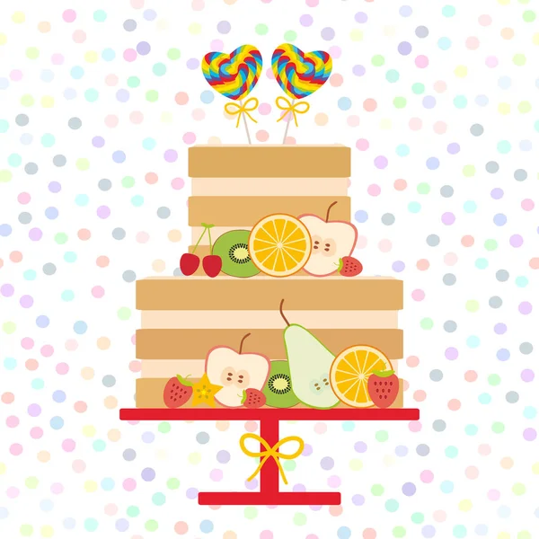 カード デザイン 誕生日 バレンタインの日の結婚式 婚約するが大好きです 甘いケーキは 新鮮な果物と果実 ロリポップの中心部 白い水玉の背景にパステル カラーで装飾されています — ストックベクタ