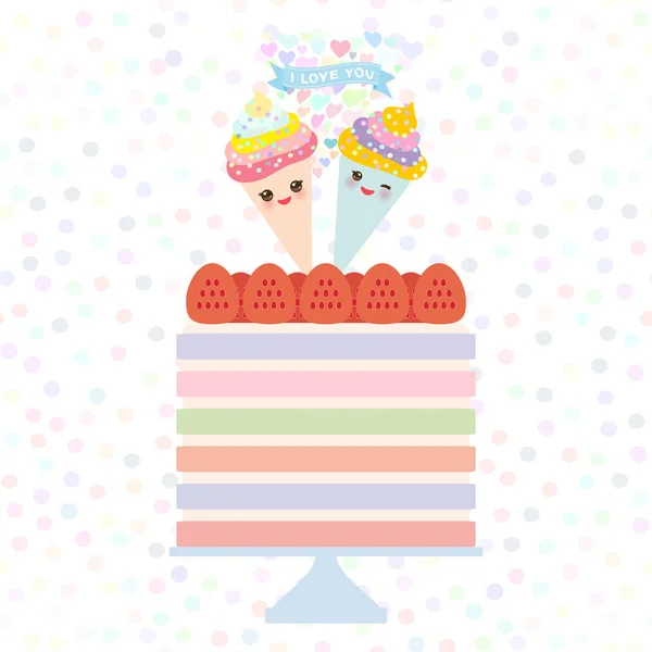 卡片设计生日 情人节 甜草莓蛋糕 川井冰淇淋华夫饼锥粉红色的脸颊闪烁的眼睛 柔和的颜色在白色波尔卡点的背景 向量例证 — 图库矢量图片