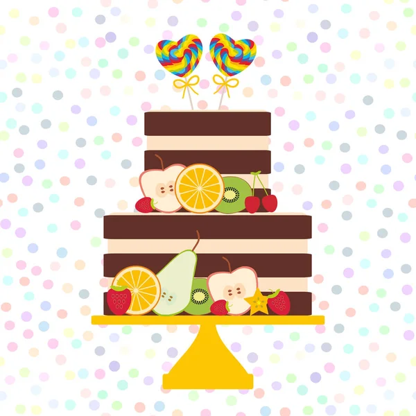 我喜欢你的卡片设计 情人节 甜蛋糕 草莓粉红色奶油巧克力蛋糕棒棒糖心 柔和的颜色在白色的背景 向量例证 — 图库矢量图片